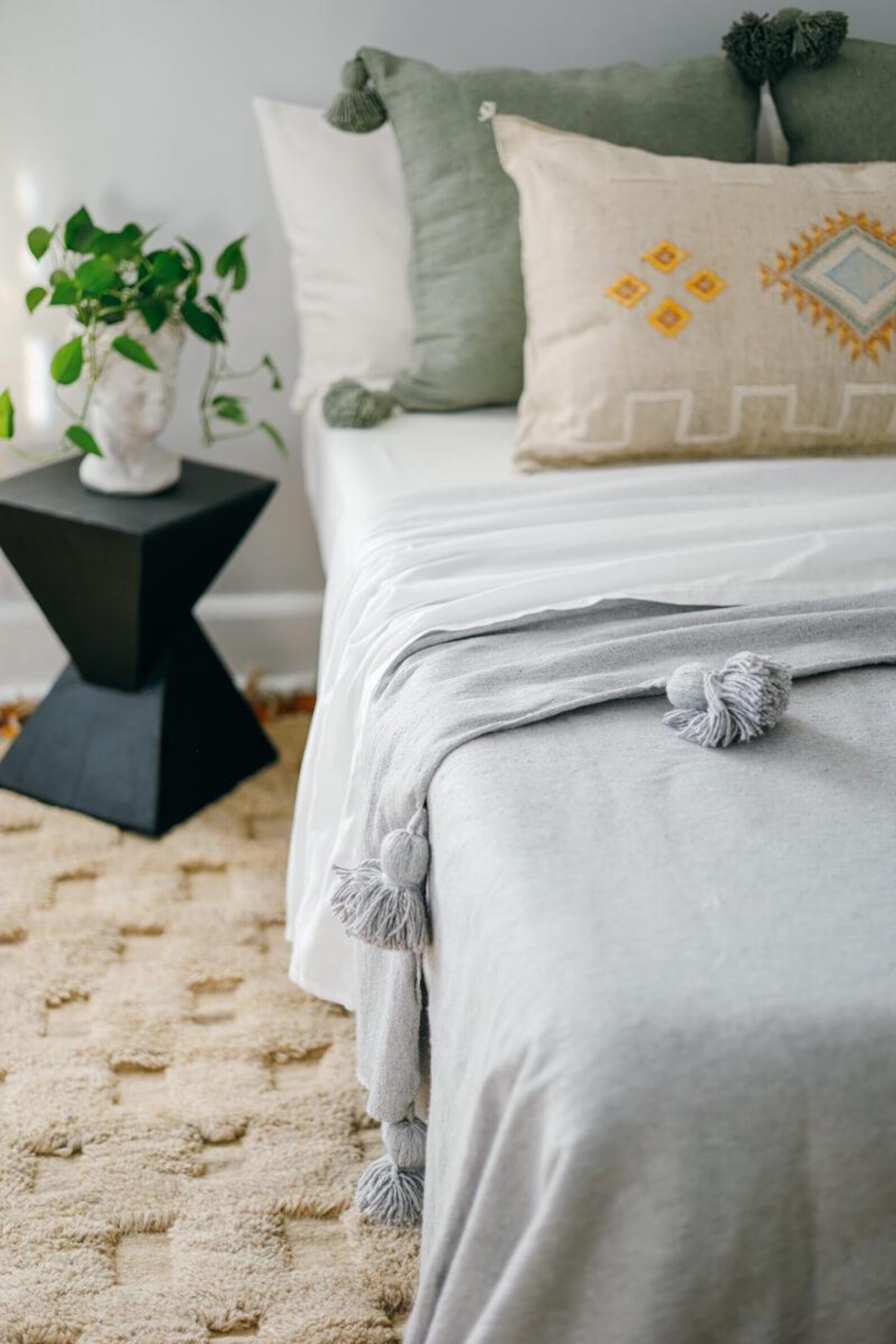 Beige Moroccan Pom Pom Blanket - Handwoven Cotton Queen Coverlet — view 9