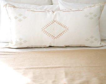 White with Terracotta Moroccan Sabra Lumbar Pillow-03 / Long Pillow / Moroccan Cactus Silk Pillow / Bed Pillow / King Size Throw Pillow