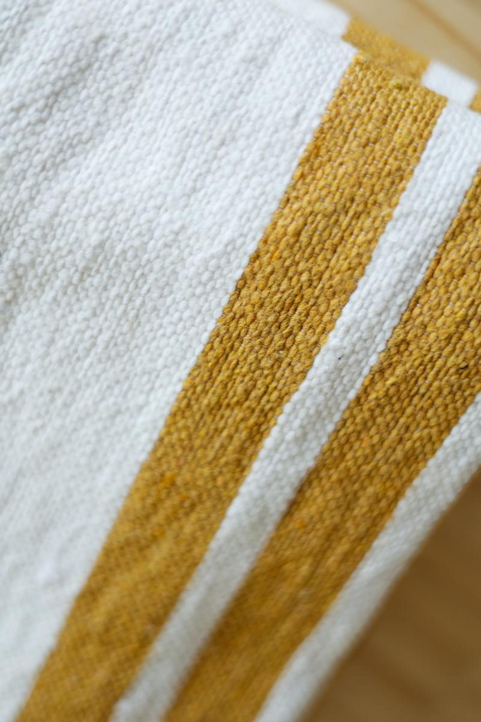Moroccan Pom Pom Cotton Throw Blanket – Mustard Yellow Stripe — view 2