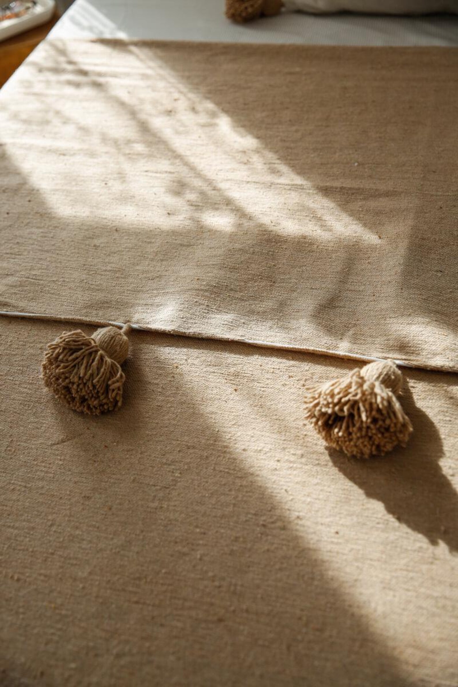 Beige Moroccan Pom Pom Blanket - Handwoven Cotton Queen Coverlet — view 5
