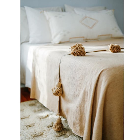 Beige Moroccan Pom Pom Blanket Queen Tassel Blanket