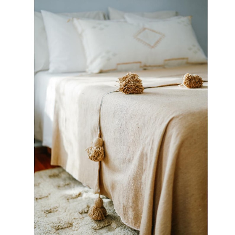 Beige Moroccan Pom Pom Blanket - Handwoven Cotton Queen Coverlet — view 2