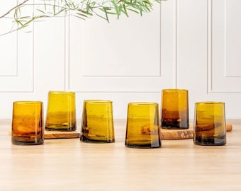 Set of 6 - Short Amber Hand-blown Recycled Glass Tumblers - Handmade Moroccan Glassware / Recycled glassware Set / Gift Set / Housewarming