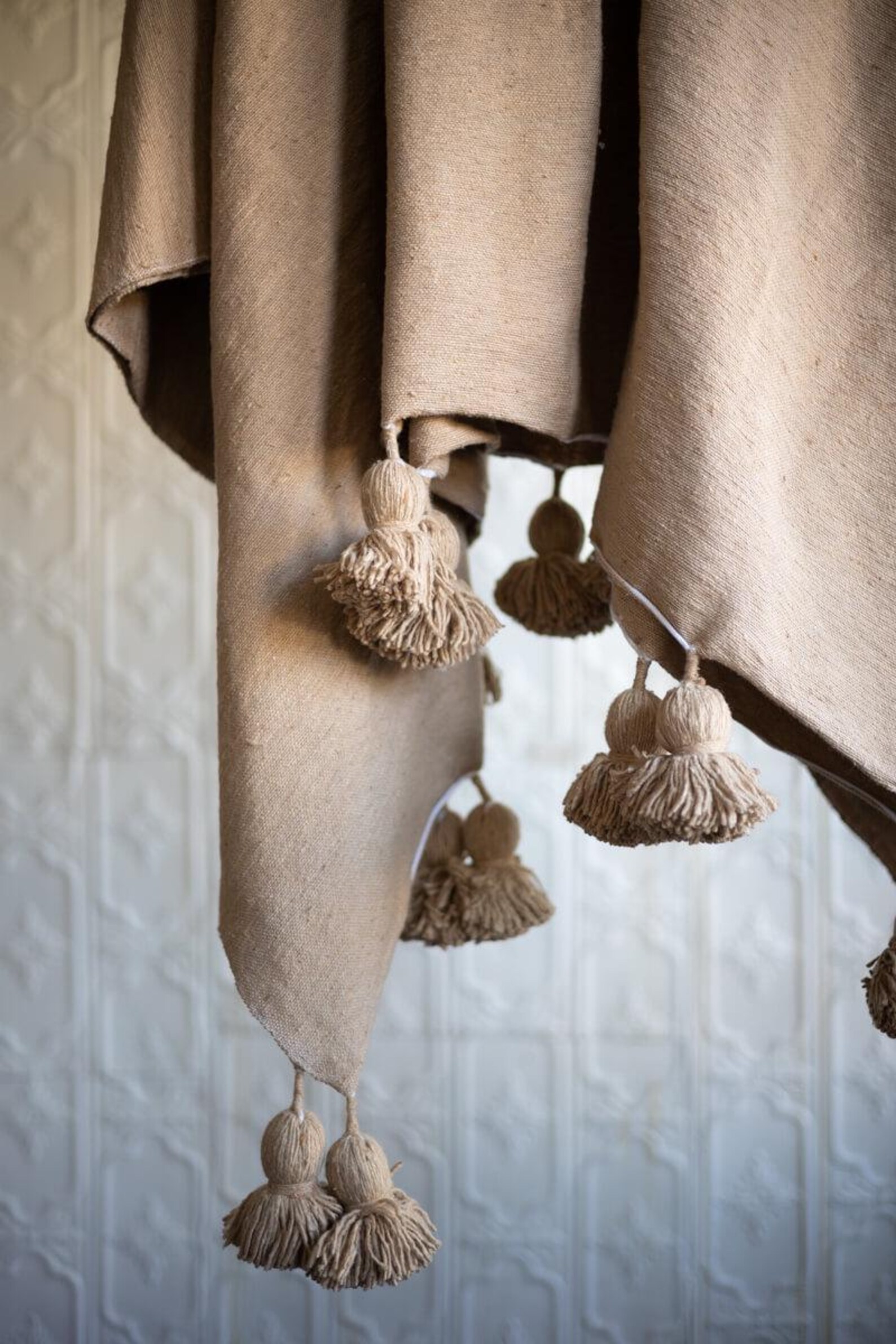Beige Moroccan Pom Pom Blanket - Handwoven Cotton Queen Coverlet — view 7