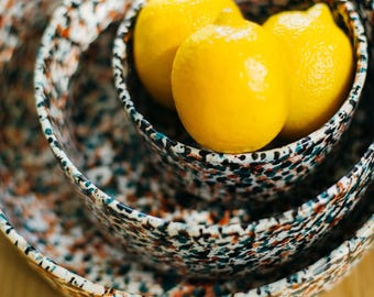 Handmade Ceramic Splatter Paint Nesting Bowls - SET of 3 - Multicolor Teal, Black, Rust Red - Housewarming Host gift, Serving set, Handmade