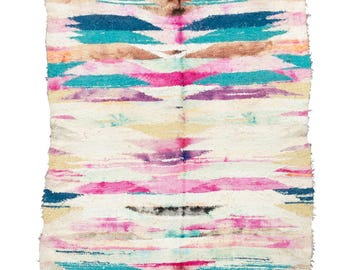 AURORA Watercolor Moroccan Boucherouite Rug 6'9 x 3'10 / Moroccan Rug / Rainbow Rug / Kids room rug / Non-wool rug / Hypoallergenic / Vegan