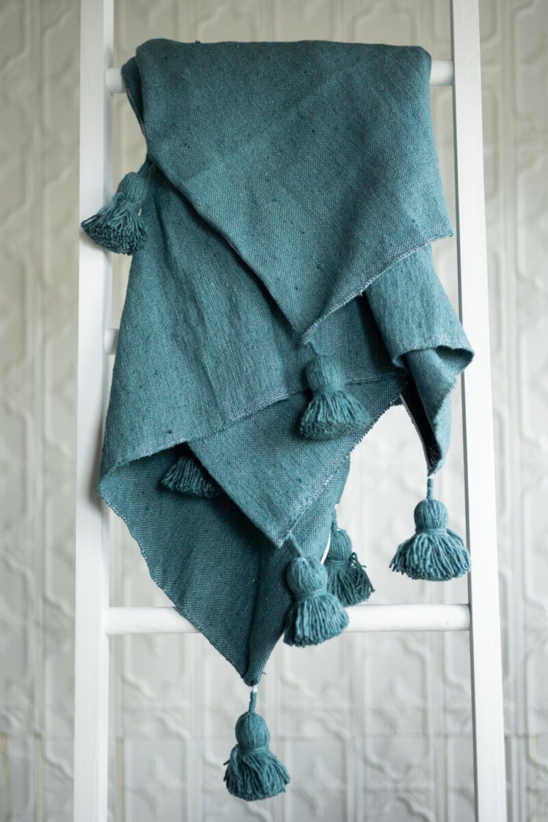 Moroccan Pom Pom Throw Blanket Teal Blue Etsy