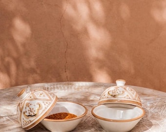 Hand-painted Zwak Ceramic Bowl with Lid - Chabi Chic - Sahara - Handmade Ceramic bowl with lid, Moroccan pottery, Butter dish, Jewelry dish