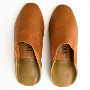 Men's Leather House Shoes - Brown + Olive Leather / Men's Slippers / Moroccan Babouches / Slip-on Shoes /Leather Mules / US Men's Size 12-13