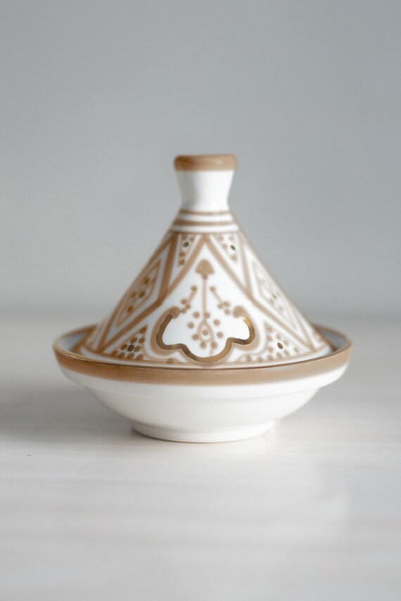 Handmade Zwak Tagine with 12k gold leaf detail in Sahara tan / Moroccan Pottery / Traditional Moroccan Ceramics / Decorative Container Lid