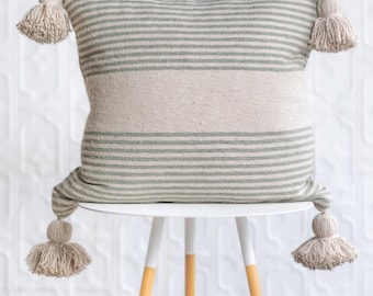 20" Moroccan Pom Pom Pillow - Cream + Sage Stripe - Tassel Pillows / Bed Pillow /Throw Pillows / Accent pillow / Stripe Pillow / Decor