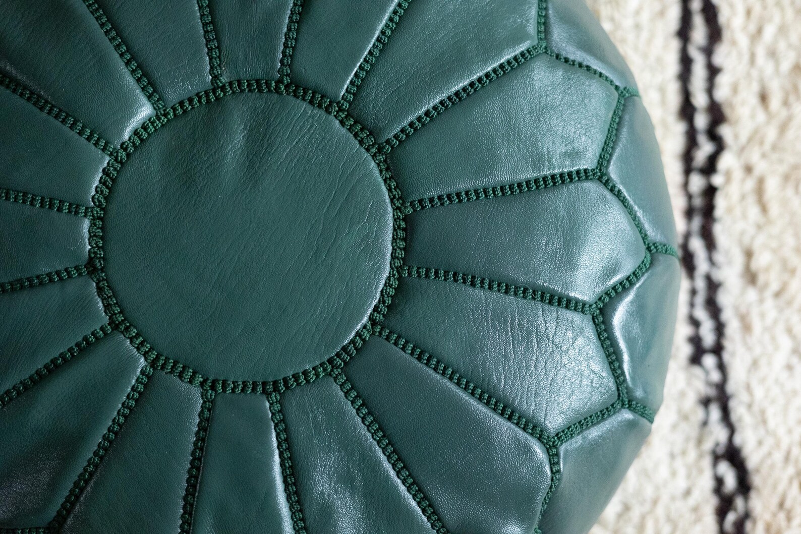 Teal Leather Pouf with Matching Stitching - Fes — view 2