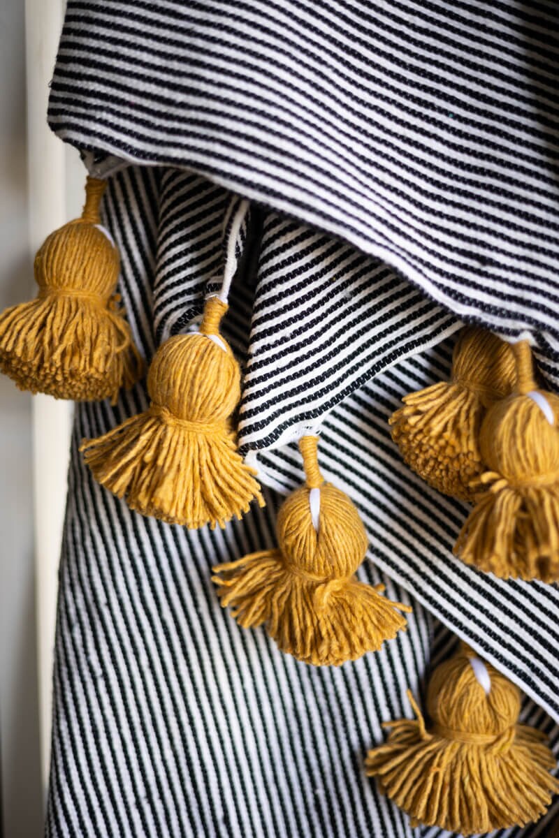 Moroccan Pom Pom Throw Blanket Black and White Stripe With Mustard Yellow Pom poms Etsy Canada
