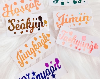 BTS Name Tag Vinyl Stickers Ver.2 - ARMY BOMB Ver.3 - concert light stick Decals - Calligraphy names Holographic Kpop Laptop decals