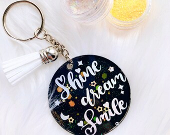 Shine Dream Smile- BTS Mikrokosmos Key Chain | Personalized Phrase, Name tags Round Acrylic Keychain with Tassel