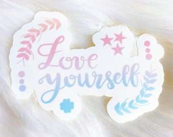 Houd van jezelf witte vinylstickers-stickers-kpop-kalligrafienamen-laptopstickers- handlettering- hou van jezelf citaat