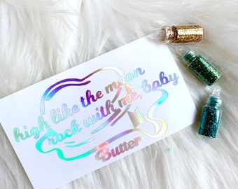 BTS- Butter "high like the moon, rock with me, baby" holographic decal-Decal Calligraphy Kpop name tags - Holographic Kpop Laptop decals