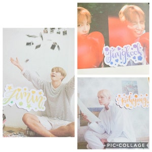 May include: Three colorful stickers with the names "Jimin", "Jungkook", and "Taehyung" written in a decorative font. The stickers are on a white background with images of three different people.