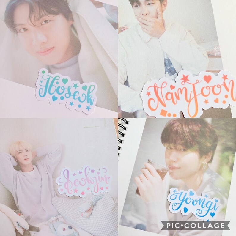 May include: Collage of four images featuring different members of the K-pop group BTS. Each image features a different member with a sticker of their name in colorful script with hearts and stars. The names are Hoseok, Namjoon, Seokjin, and Yoongi.