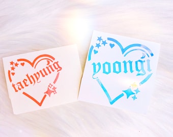 Heart BTS Member Name Tag Vinyl Holographic Sticker | Army Bomb Lightstick Decals Holographic- Kpop Laptop Decals | Mug