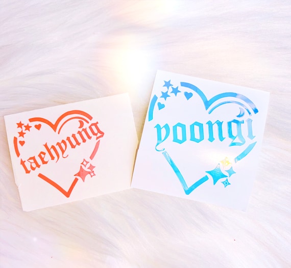 Heart BTS Member Name Tag Vinyl Holographic Sticker | Army Bomb Lightstick Decals Holographic- Kpop Laptop Decals | Mug