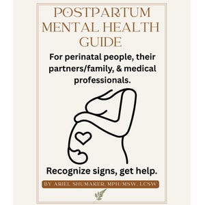 May include: A beige poster with a brown border features the title "POSTPARTUM MENTAL HEALTH GUIDE." Text below reads "For perinatal people, their partners/family, & medical professionals." A black line drawing of a pregnant person is shown. The text "Recognize signs, get help." is below the drawing.
