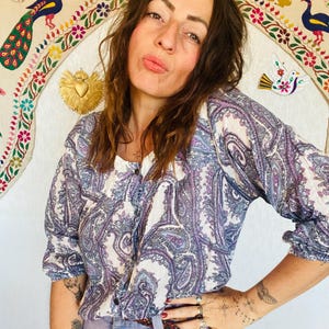 Vintage Indian Gauze Blouse Paisley Hand Block Printed Pattern