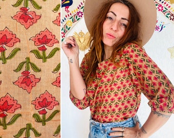 Indian Cotton Blouse // Hand block Printed  floral pattern  //  Hippy boho mood