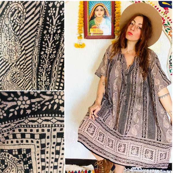Vintage Indian Gauze Dress //  Gypsy Bohemian Cotton Hand block Printed dress