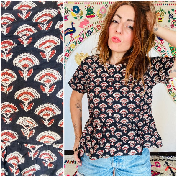 Indian Cotton Blouse // Hand block Printed  floral pattern  //  Hippy boho mood