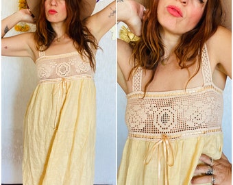 vintage 70's vestido de algodón mexicano encaje de ganchillo // humor hippie