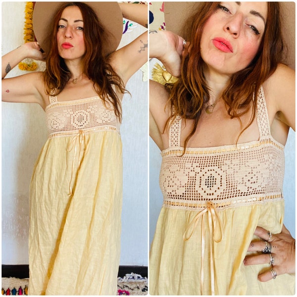 vintage 70's mexican cotton dress crochet lace // hippie mood