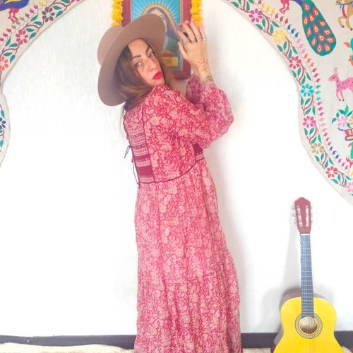Indian gauze dress // vintage Dress shops hand block printed/robe indienne vintage