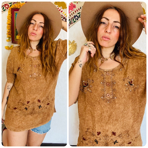 Vintage Indian cotton tunic   with embroideries // indian cotton Kurta boho hippie mood