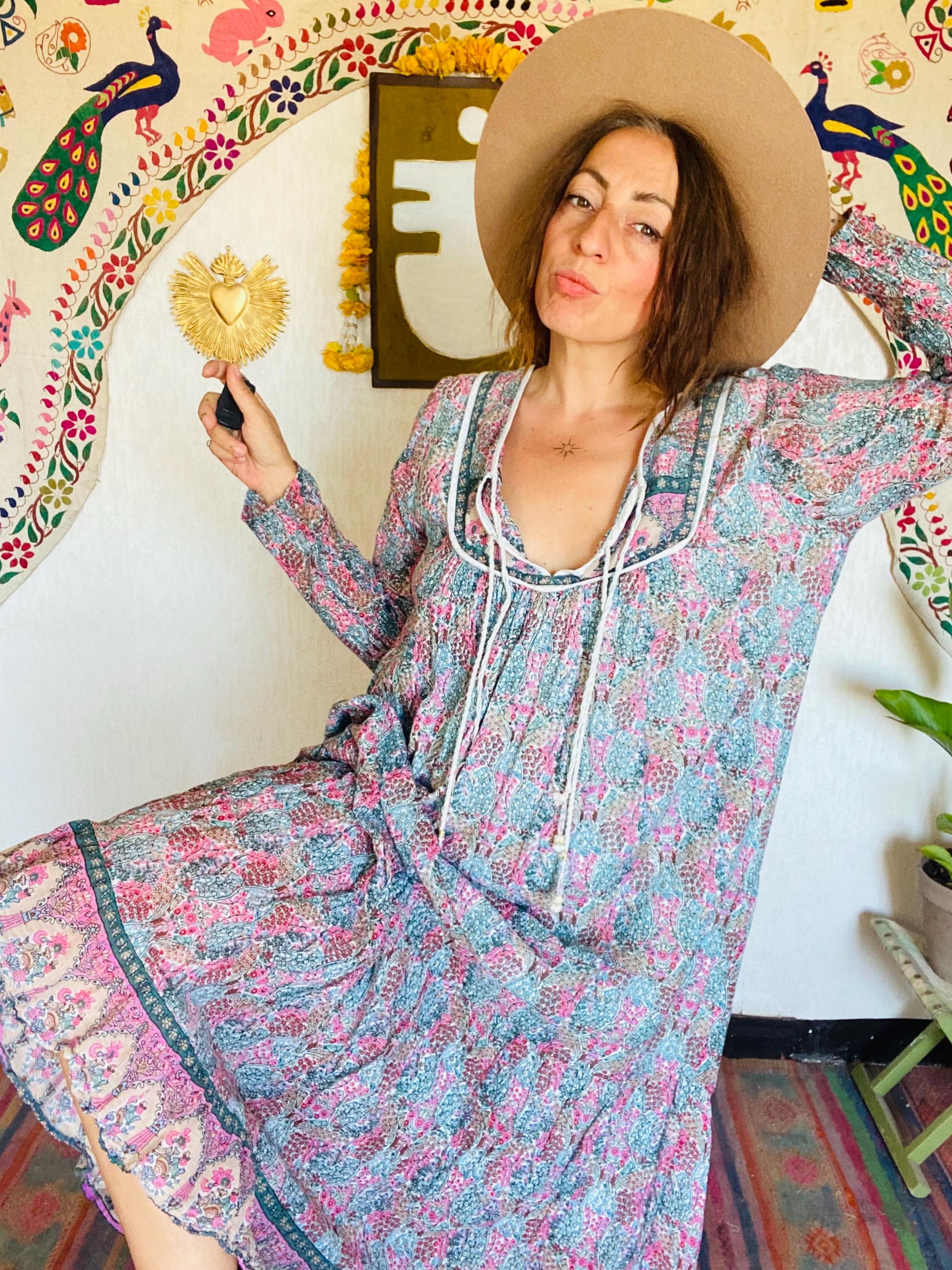 Vintage 70s India Gauze Dress Blue Floral Dress Indian