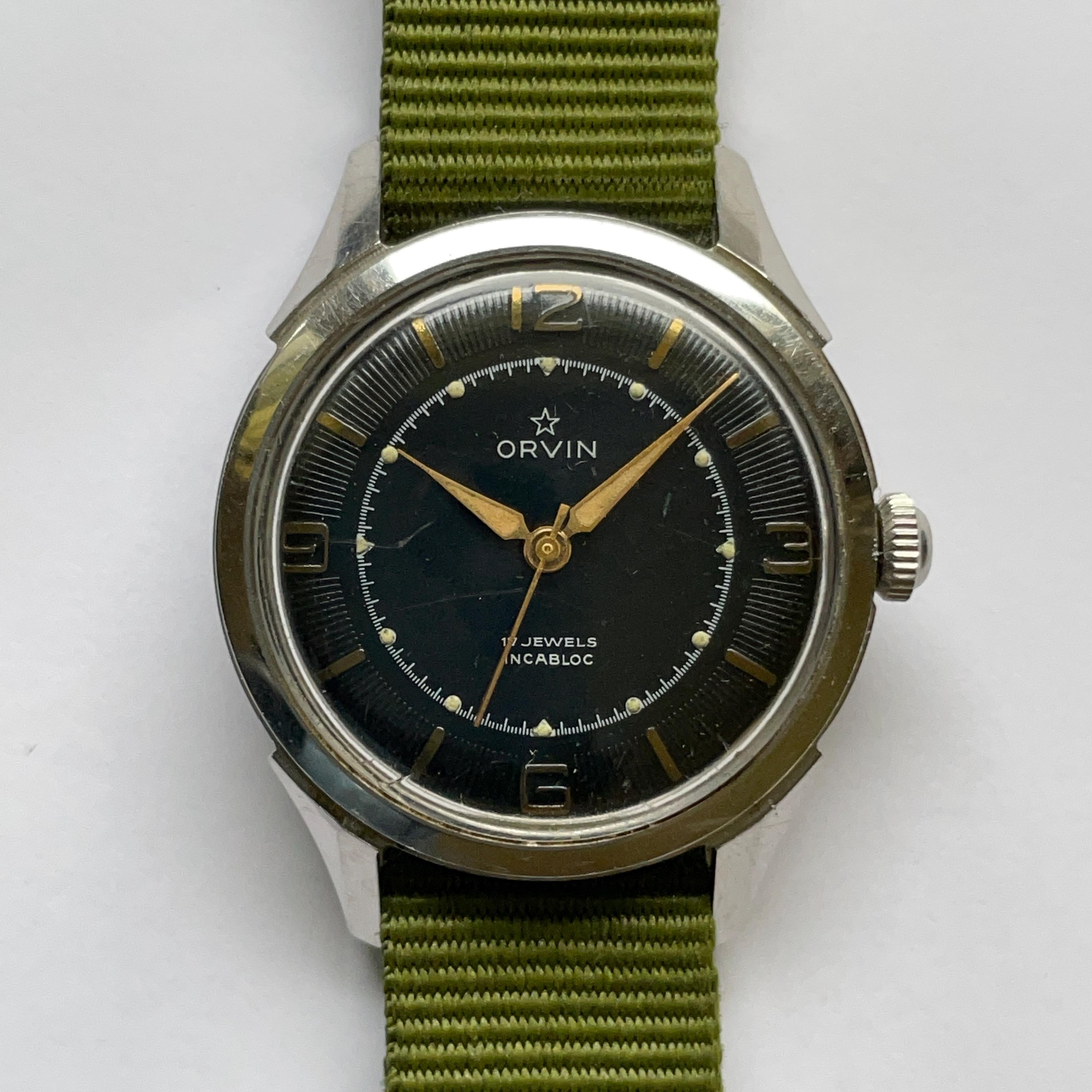 1960's Orvin Black Dial Bullseye 17 Jewels Incabloc Manual Wind
