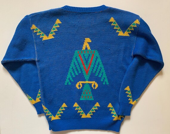 Aztec Thunderbird Patterned Blue Pullover Sweater… - image 2