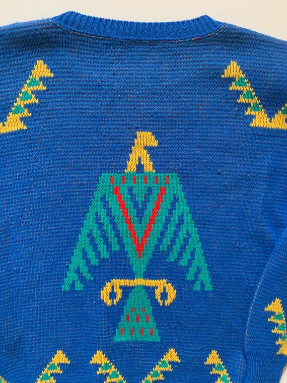 Aztec Thunderbird Patterned Blue Pullover Sweater… - image 5