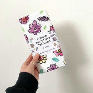 Cartoon Flower Tea Towel - Microfibre Waffle Doodle Dish Cloth Hand Towel - Flower Multicolour Pattern Print Kitchen Homeware Waffle Fabric