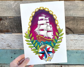 Ship Anchor Compass Nautical Art Print, Traditional Tattoo Flash - Design Old School Painting Illustration Nautical Sailor Jerry Style