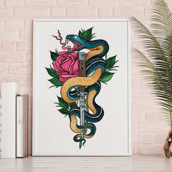 Traditionnel Snake Tattoo Print - Art Flash Design Old School Rose Dagger Switchblade Peinture Illustration Marin nautique Jerry Style