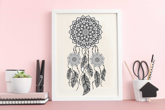Black Etsy and Wall Artwork - Dreamcatcher Feather A4 Minimalist White, Mandala Patterned Dream and Print A5, Yoga Poster, Art, Drawing Catcher