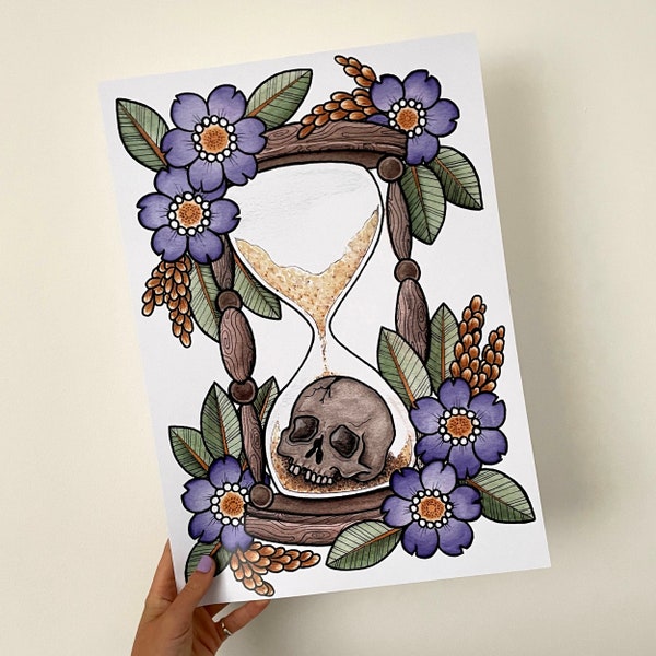 Skull Hourglass Flowers Print - Tatouage traditionnel Art Flash Design Old School Painting Illustration Death Sand Timer Sailor Jerry Style