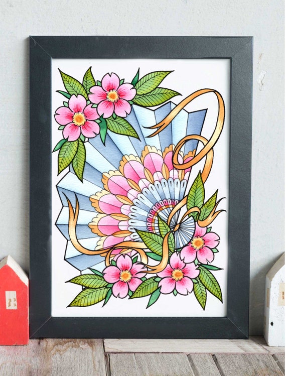 Fan Cherry Blossom Art Japanese Flower Tattoo Flash Design - Etsy