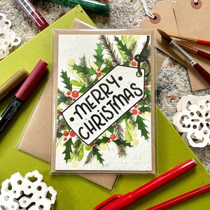 Carte de Noël plantable - Cadeau de vœux de graines A6 - Design floral écologique - Fleur sauvage, Crimbo de Noël Joyeuses Fêtes Étiquette florale