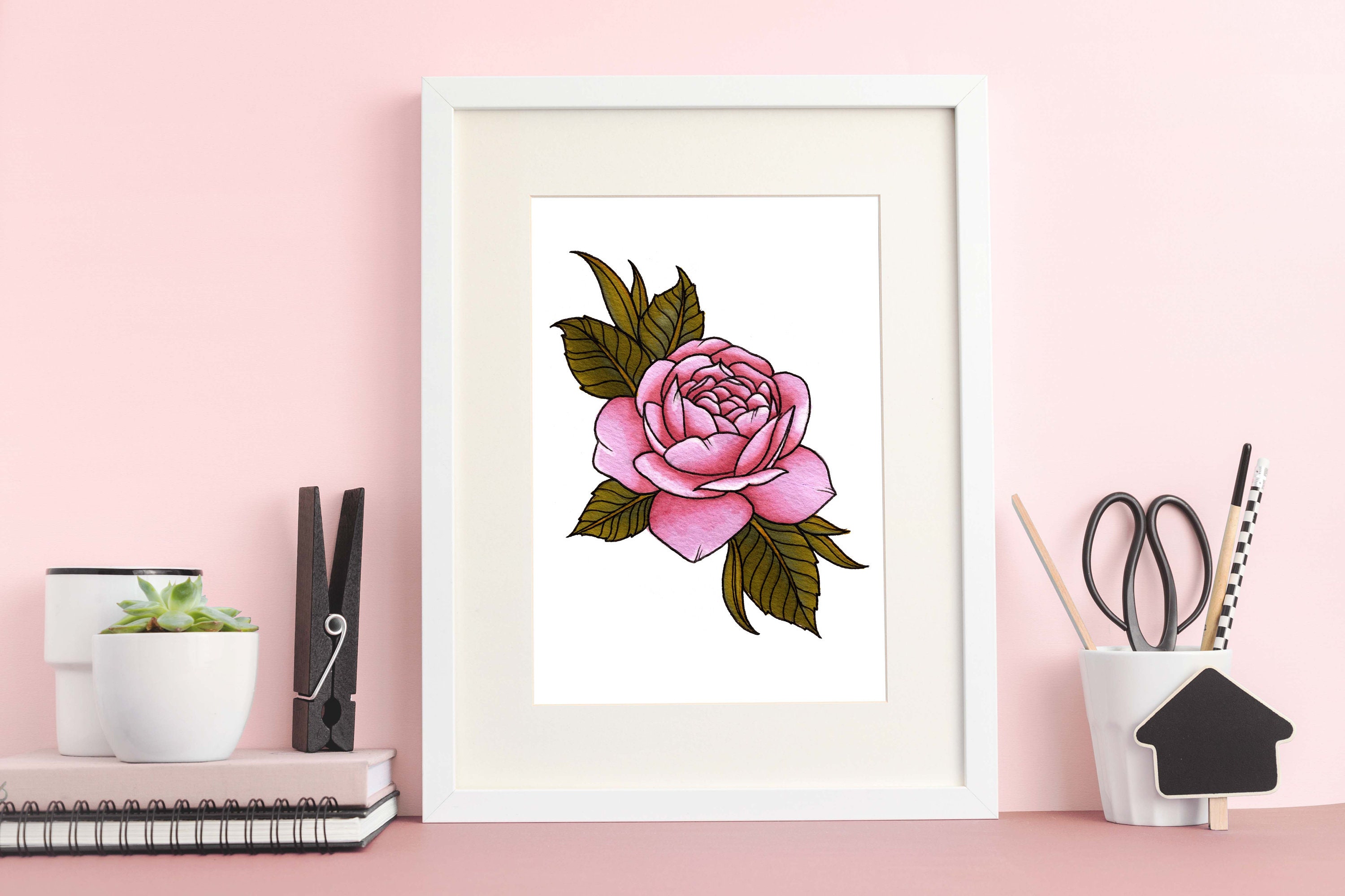 Pink Rose Art Print Traditional Tattoo Flash Flower Design - Etsy