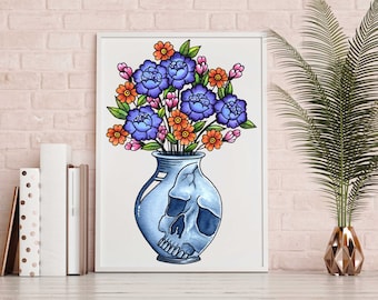 Traditional Tattoo Print - Skull Vase Flower Flash Design, Old School Painting Illustration Poster, Sailor Jerry Floral Watercolour Style