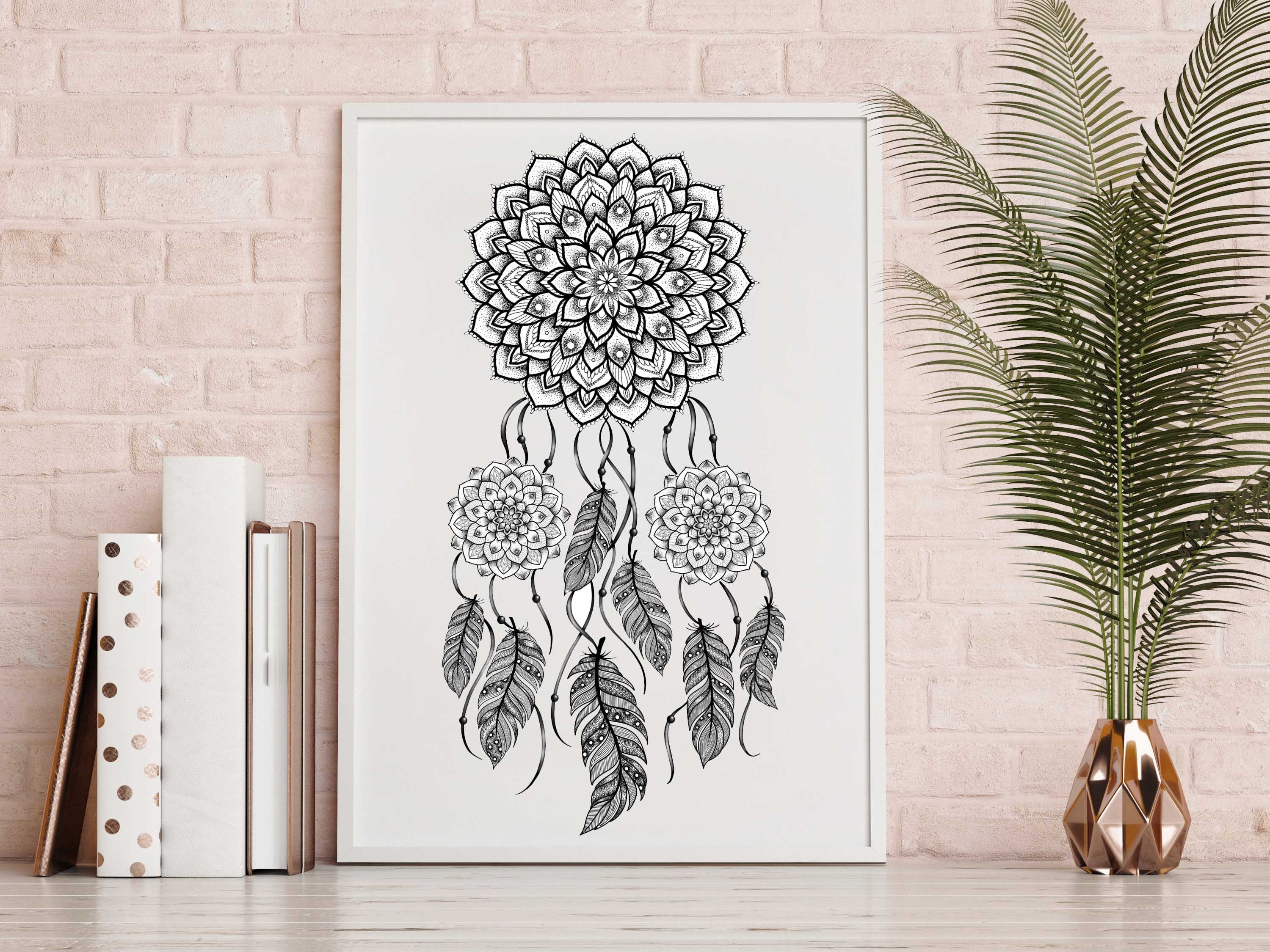 White, Black Feather Print Dreamcatcher Catcher Yoga and Minimalist Etsy Wall Artwork Poster, - A4 Mandala A5, and Drawing Dream Patterned Art,