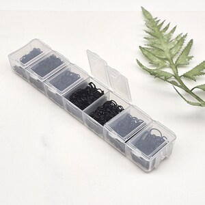 Op de afbeelding: Een doorzichtige plastic organizer met zes compartimenten, elk gevuld met kleine zwarte elastiekjes. De organizer is rechthoekig met scharnierende deksels. Een groen varenblad staat op de achtergrond.