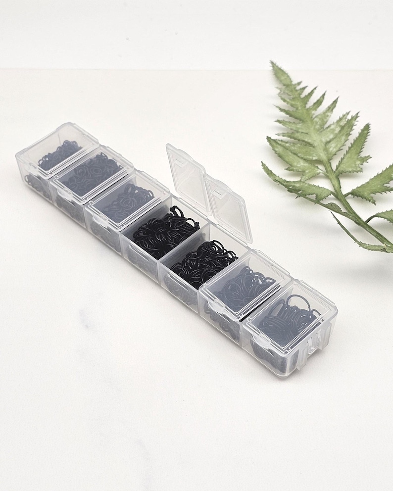 Op de afbeelding: Een doorzichtige plastic organizer met zes compartimenten, elk gevuld met kleine zwarte elastiekjes. De organizer is rechthoekig met scharnierende deksels. Een groen varenblad staat op de achtergrond.